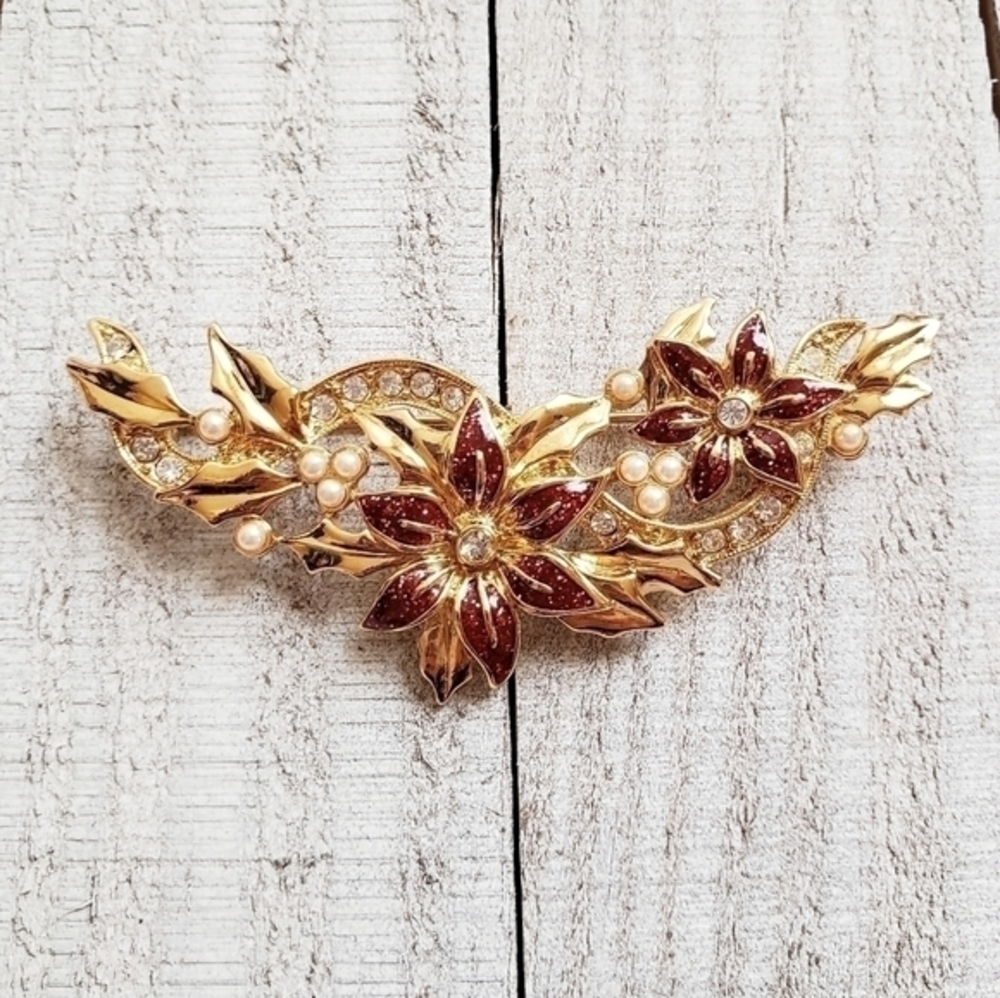Avon Vintage Christmas Red Poinsettia Enamel Rhinestone Faux Pearl Brooch Pin